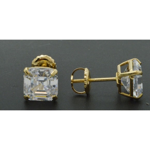 14K Solid Yellow Gold Screw Back 6ct 8mm Asscher cz Stud Earrings - Picture 4 of 6